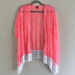 Arizona Jeans Bright Pink White Sheer Kimono  Cover Up Size S Fringed Hem